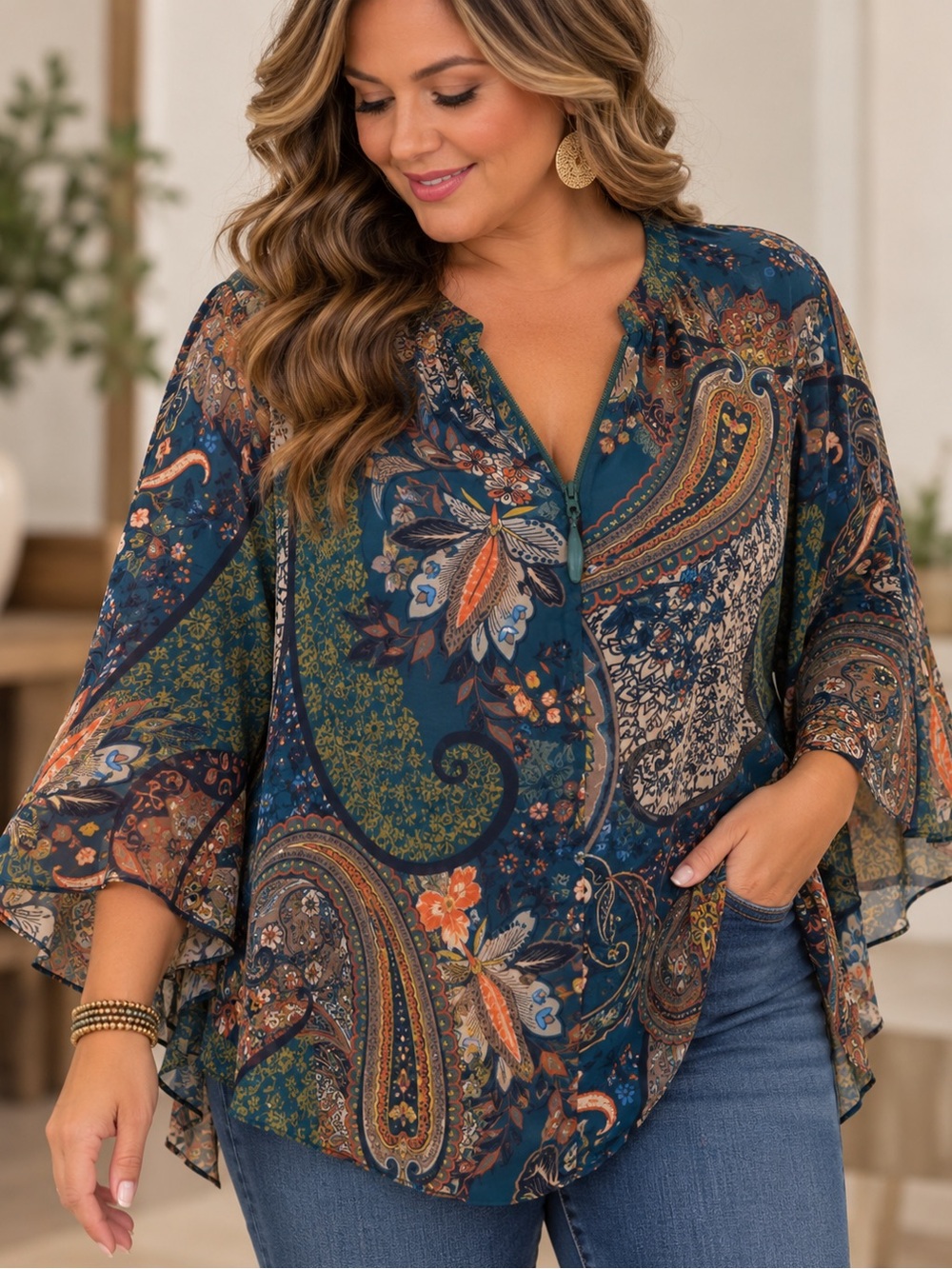 Elle Teal Paisley Flutter-Sleeve Blouse